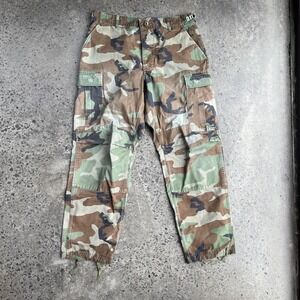 Vintage Woodland Camo Pants Mens Med Green Brown Cargo Military BDU Drawstring